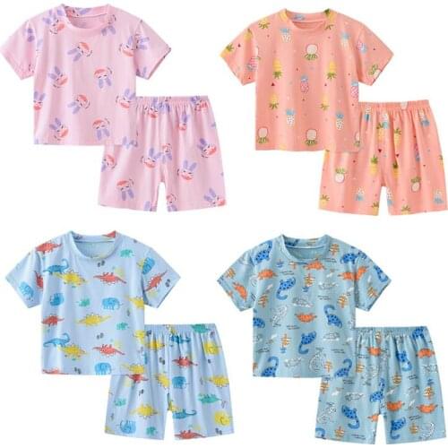 Childrens Pajamas Set Summer Baby Suit Kids Clothes Toddler Boys Girls Cotton Cartoon Printing Tops Pants 2Pc Home Wear 3-8 Y