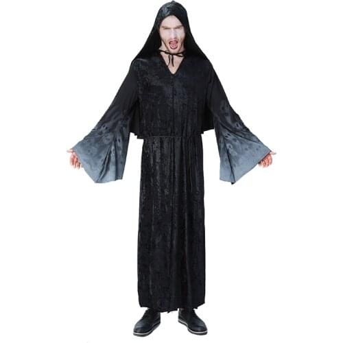 Adult Men Halloween Black Gothic Costume Scary Skeleto Wicca Cosplay Vampire Wizard Long Hoodie Robe Gown Joker Outfit Plus Size