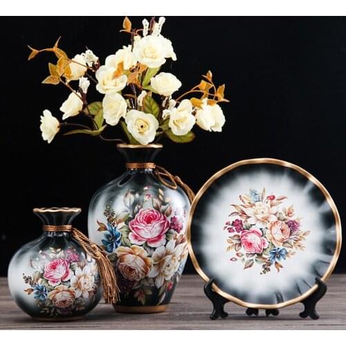 3Pcs/Set European Ceramic Vase Dried Flowers Flower Arrangement Wobble Plate Living Room Entrance Ornaments Home Decorations