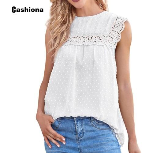 Cashiona Women Elegant Leisure Shirt Summer Casual Pullovers Female T-shirt Sleeveless Tees Tunic Fashion Hollow Out Lace Tops