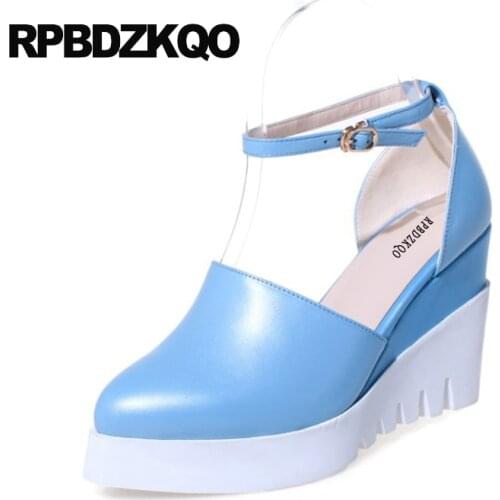Wine Red Wedge Sandals Blue Top Quality Pointed Toe Pumps Ankle Strap Silver Platform Women Shoes Casual 2018 High Heel Creepers