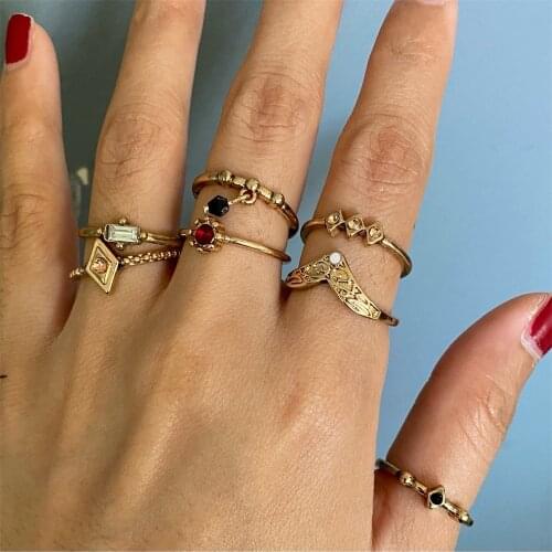 TRENDY ANTIQUE GOLD COLOR PLATING STONE PAVING 7 PCS MULTI PACK RING SET