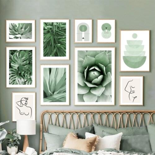 Wall Pictures For Living Room Decor Green Plant Geometric Abstract Line Girl Wall Art Canvas Painting Nordic Posters And Prints