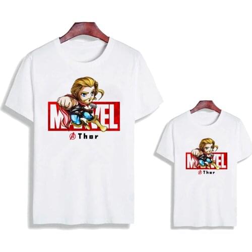 New Fashion Marvel Thor Family Look Tshirt Short Sleeve Casual White O-neck Family Matching Clothes Streetwear Baby Kids Tops