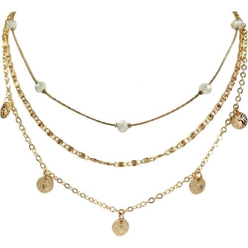 2020 New Arrivals Gold Color Plating Irregular Disc Cham With Mint Bead Layered Necklace For Women Girl Bohemia Statement Chunky