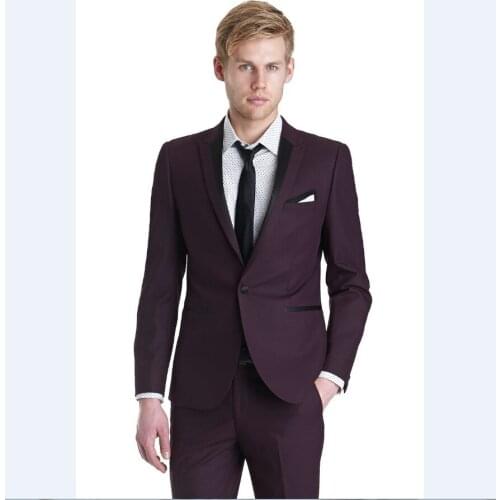 New Arrival Groomsmen Peak Lapel Groom Tuxedos Burgundy/Wine Men Suits Wedding Best Man (Jacket+Pants+Tie+Hankerchief) B879