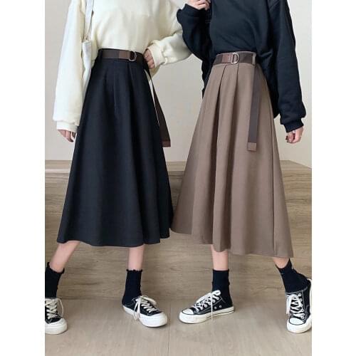 Solid Skirts Womens High Waist Mid-calf Girls Pleated Skirt Korean Style Elegant College Ins 2021 Autumn and Winter All-match