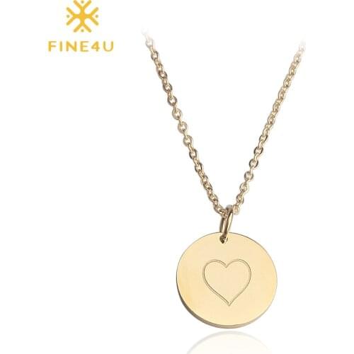 FINE4U N145 Coin Round Disc Pendant Necklaces For Girl Stainless Steel Initial Chain Necklace 2019 Engraved Heart Women Necklace