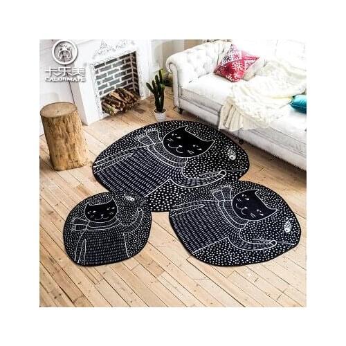 Cartoon cat black color round velvet mat rug flannel printed carpet anti slip home decor living room children room decor