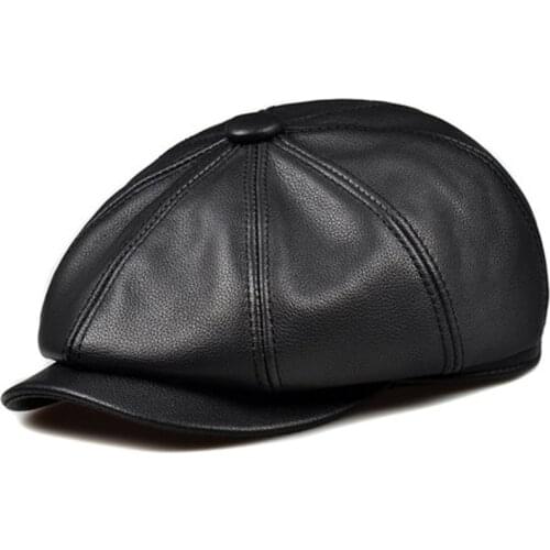 RY993 New Unisex Winter Pumpkin Black Genuine Leather Hat Women Men Fitted Korean Steet Cowboy Casquette Fashion Newsboy Caps