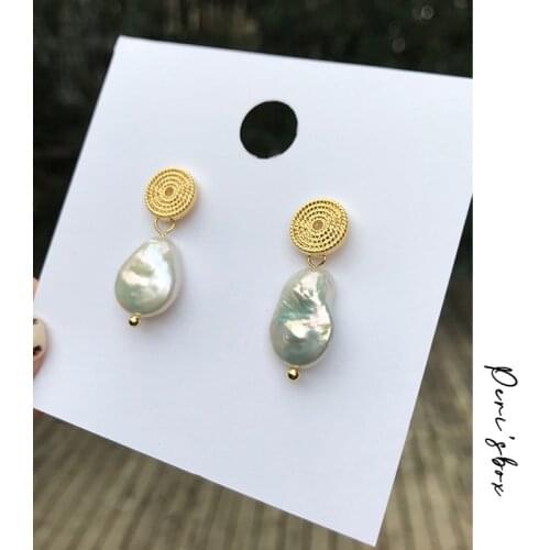 Perisbox Baroque Hanging Freshwater Pearls Earrings for Women Elegant Charms Dangle Earrings Unique Small Coin Earrings Femme