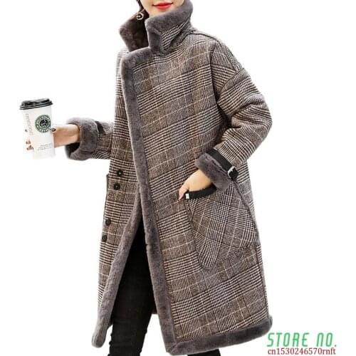 Women Plaid coat Autumn Winter Coats Mid-Long Imitate Lamb Wool Warm Jacket Single-breasted Blended Woolen Womens jacket Outwea