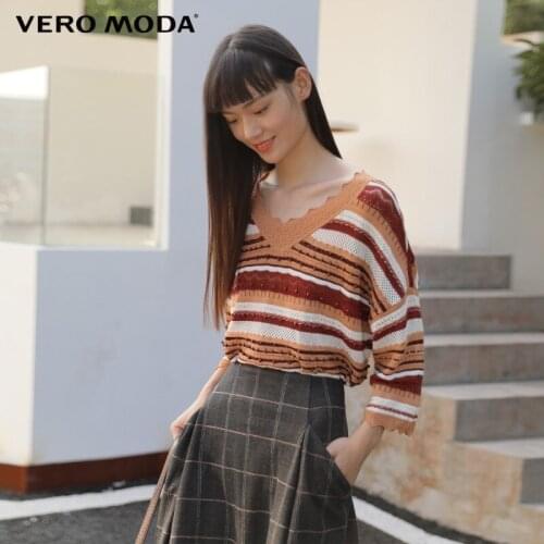 Vero Moda Women Bead Decorative Lace Hollowed Out V-Neck Loose Fit Striped Sweater Knit Top | 320324044