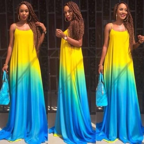 Women Summer Dress 2021 Fashion New Arrival Yellow Gradient Blue Sleeveless Maxi Dresses womens Clothing Vestidos WJ295