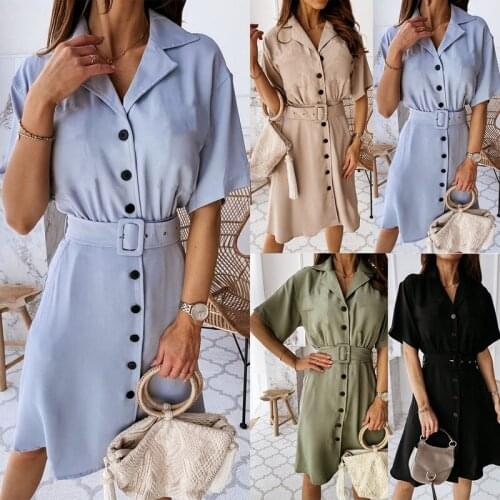 Summer Dress For 2021 New Temperament Office Lady Turn Down Collar Sashes Knee-length Dress Single Breasted Solid A-line Dress
