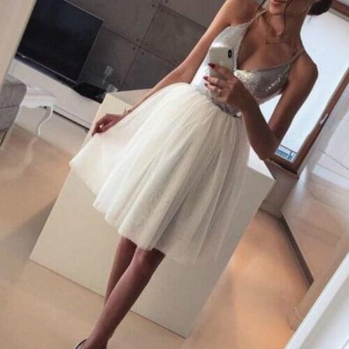 Womens Sequin V neck Mesh Dress Cocktail Party Formal Mini A Line Dress