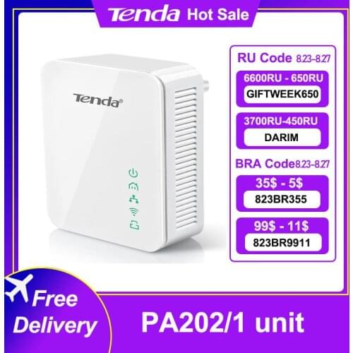 1PCS Tenda PA202 Wireless Powerline Expansion Ethernet Adapter Wired PLC Powerline Adapter, High Compatible with Wifi Router