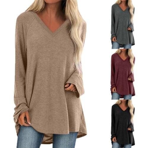 2020 Spring Casual V-neck Long Sleeve Loose Blouse Women Loose Solid Color Shirt Blouse Blusa Feminina Top Plus Size
