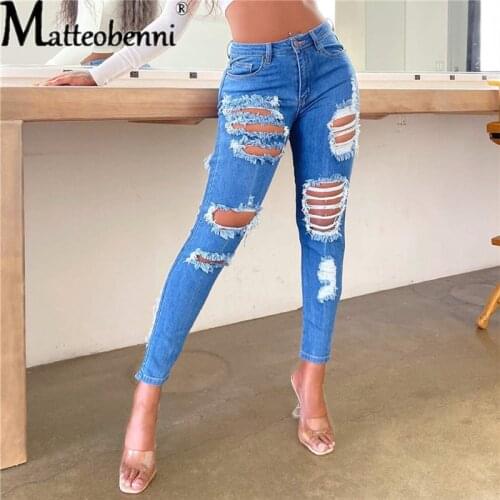2021 Sexy Denim Jeans Women Ripped Skinny Jeans Hole Pencil Pants Stretch Slim Party Casual All-match Street Clothing Trousers