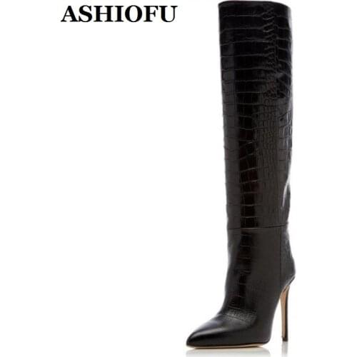 ASHIOFU Handmade Ladies Stiletto Heels Boots Pointed-toe Sexy Party Prom Boots Evening Night-club Winter Fashion Long Boot Shoes