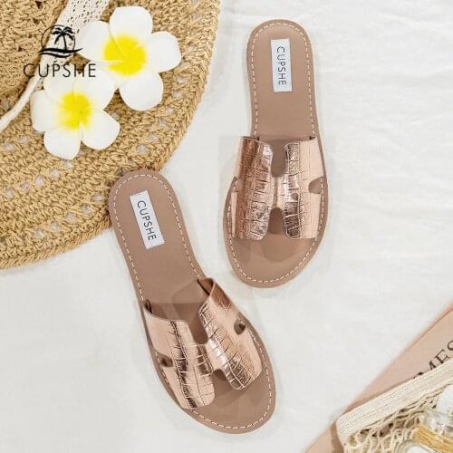 CUPSHE Rose Gold Wide Strap Slide Sandals For Women 2021 Summer Beach Open Toe Low Heel Sandals Casual Flip Flop Shoes