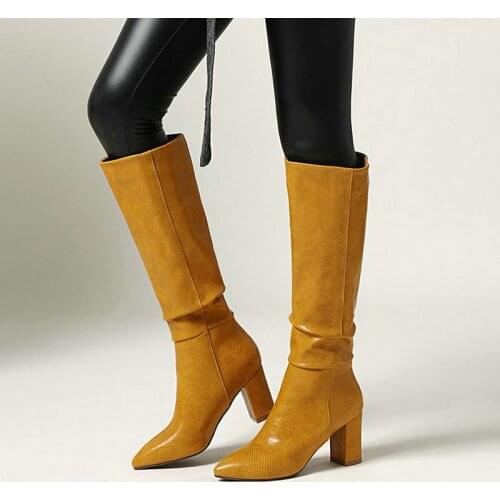 Band Designer Faux Leather Women Knee High Boots Pointed Toe Boots Women Long Chunky Block High Heel Boot Folds 2020 Women Shoes