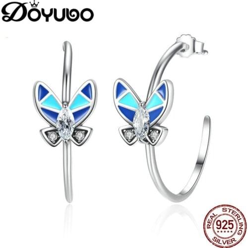 DOYUBO Romantic Real 925 Sterling Silver Butterfly Hoop Earrings 27MM Blue Enamel CZ Lovely Earrings For Lady Jewelry AFF020