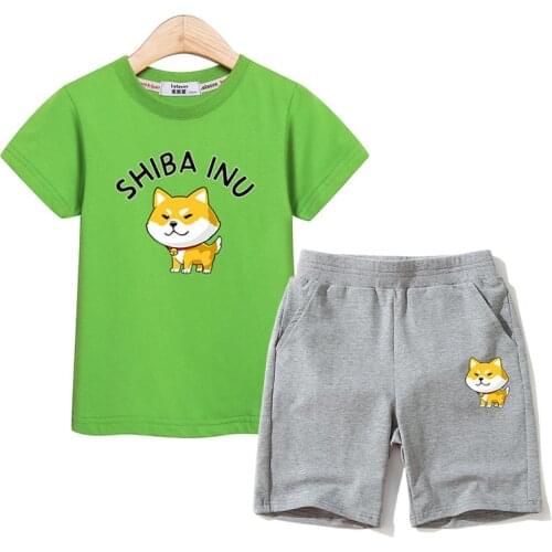 Shiba Inu Outfits Kds T-shirt Cotton Shorts 2pc Suits Boys Summer Clothing Girl Sets Kid Cartoon Costume 3-14T