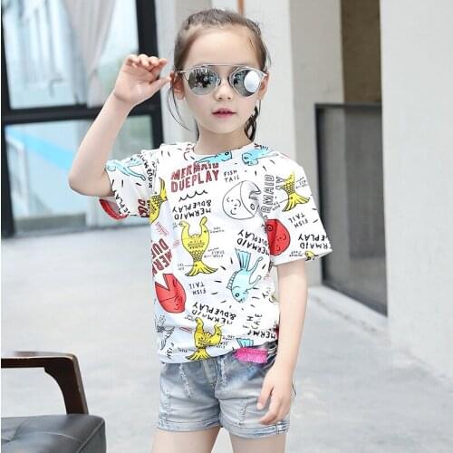 Summer New Girls Children Korean Fashion Short-sleeved Round Neck Cartoon Printing Undersea Animal T-shirt