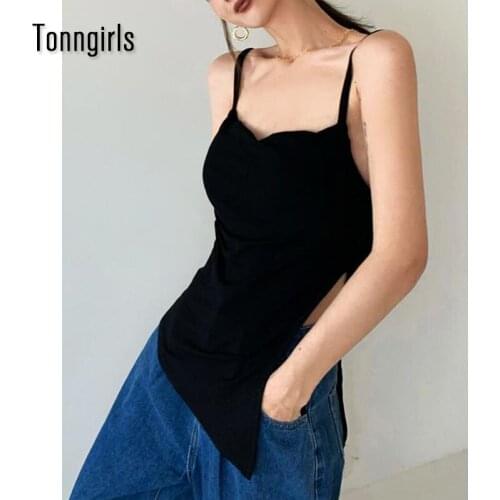 Tonngirls Streetwear 2021 Sleeveless Tank Top Split Fork Black White Halter Top Korean Summer Camis Vintage Halter Sexy Camisole