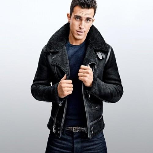 Winter Men Original Natural Shearling Air Force Coat Sheep Fur Lining Motorycle Jacket Slim Fit Genuine Leather Aviator Jackets