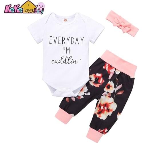 Newborn Infant Baby Girl Summer Clothes Short Sleeve Letter Print Romper Floral Pants Headband 3Pcs Toddler Clothing Outfits Set