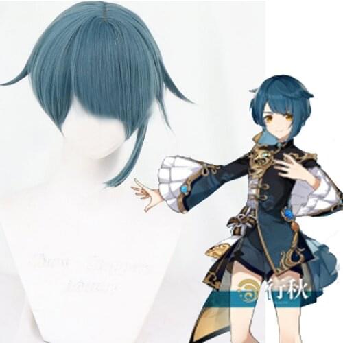 Game Genshin Impact Cosplay Wig Xingqiu Blue Short Cosplay Heat Resistant Synthetic Hair Role playHalloween Carnival Party Men