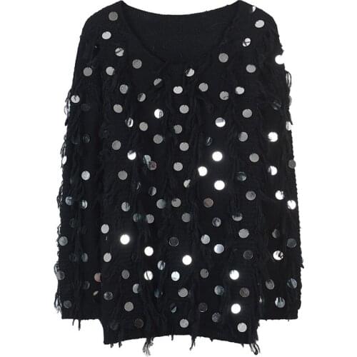 PERHAPS U Women Tassel Sweater O Neck Knitted Pullovers Long Sleeve Sequin Dot Black White Loose Winter M0087
