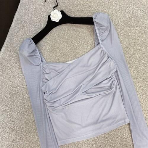Sexy Blouse Women New All-Matching Puff Mesh Sleeve Inner Wear and Outer Wear Tight Shirt Ladys Top