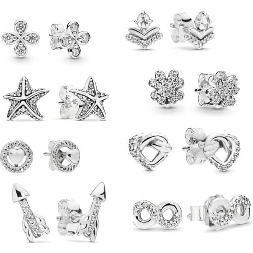 Free Shipping Authentic 925 Sterling Silver Stud Earring Knotted Hearts Starfish Classic Wishes Petal Flowers Sparkling Earrings