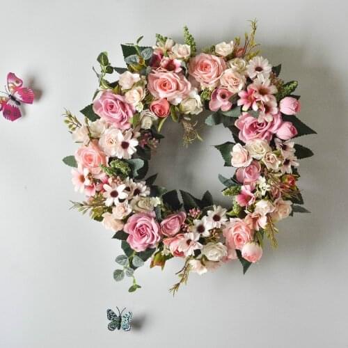 40CM Nordic Pink Rose Artificial Flower Wreath Wall Hanging Artificial Fake Flower Dried Flowers Bridal Garland Charm Home Decor