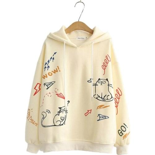 Fleece Women Cartoon Cat Pattern Print Hooded Sweatshirt Long Sleeve Cute Casual Hoodies Teen Girls Pullover Harajuku Tracksuit