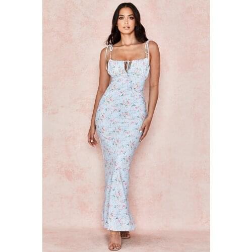 Wsevypo Floral Tied Spaghetti Strap Fishtail Dress Summer Elegant Party Women Ruched Chest Wrapping Long Bodycon Dress 6 Colors