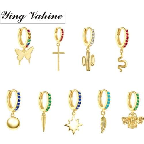 Ying Vahine 100% 925 Sterling Silver 1pcs Animal Butterfly Snake Bee Cactus Feather Star Rivet Pendant Stud Earrings for Women