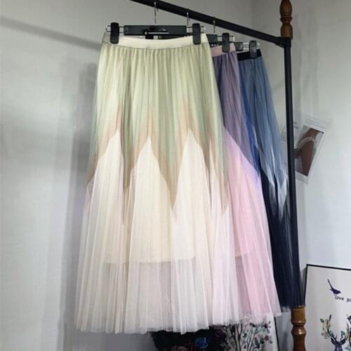 Womens 2021 SPring PInk Color Block Pleated Long Skirt Female 3 Layered Puffy Mesh Tulle Skirts