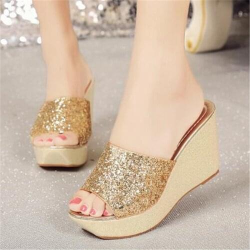 Women sandals PU Sequined Cloth Slip On 9.5CM Wedges High heels Peep Toe Shallow women shoes sandalias mujer 2020 size 35-42