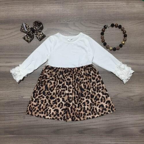 Girlymax Fall Girls White Long Sleeve Leopard Print Milk Silk Twirl Dress with Bow and Necklace