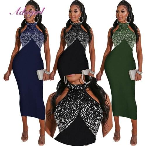 Casual Diamond Patchwork Halter Bodycon Long Dress Women Sexy Sleeveless Backless Evening Party Dresses Elegant Banquet Vestidos