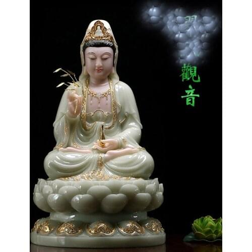 30cm LARGE- high-grade home TOP efficacious Talisman Mascot Guanyin Buddha Natural jade gilding carving Sculpture statue