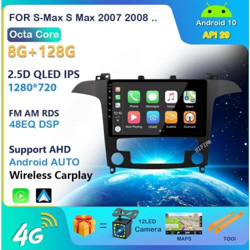 4GRAM+64GROM For S-Max S Max 2007 2008 DSP 2 din Android 10.0 4G NET Car Radio Multimedia Video Player BT FM WiFi carplay