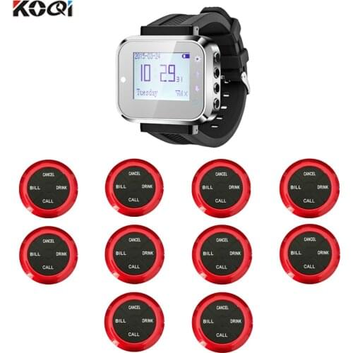 Wireless Watch Pager System For Restaurant Coffee House Pack of 10Pcs Table Buttons and 1 Pcs Wrist Watch Receiver 433.92mhz