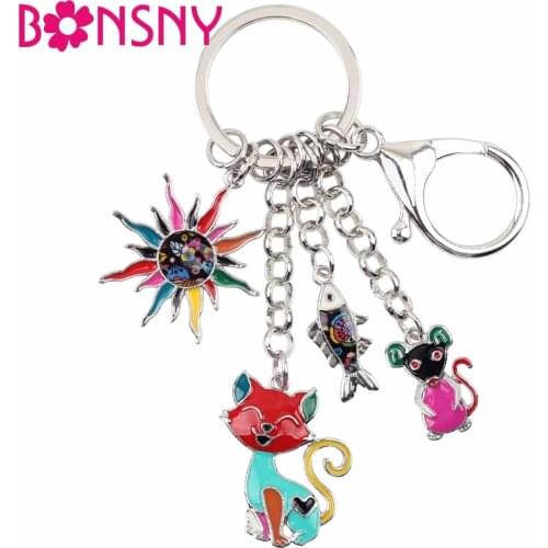 Bonsny Enamel Alloy Childs Fairy Tale Sun Cat Fish Mouse Key Chain keychain Ring Unique Jewelry For Women Girls Gift Bag Charms