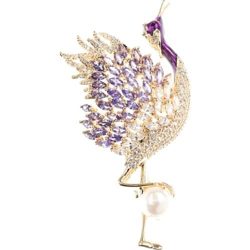 Crystal Cubic Zirconia Pearl Bird Flamingo Brooch Broach Pin Pendant Women Jewelry Accessories Thanksgiving gift XR03436