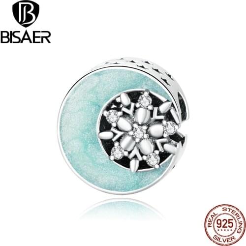 BISAER Charms 925 Sterling Silver Snow & Moonlight CZ Beads fit Bracelet Beads for Silver 925 Jewelry Making Gift ECC1653